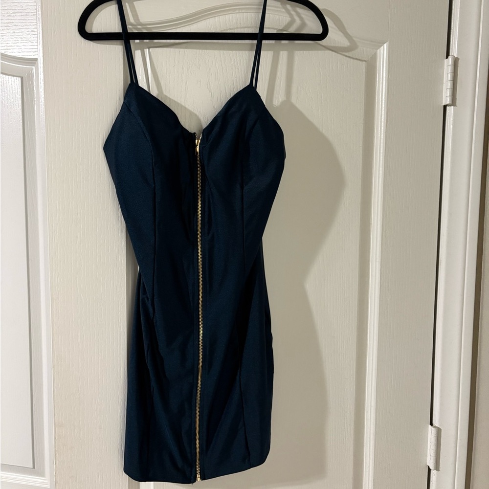 Elegant Navy Blue Dress with Gold Zipper